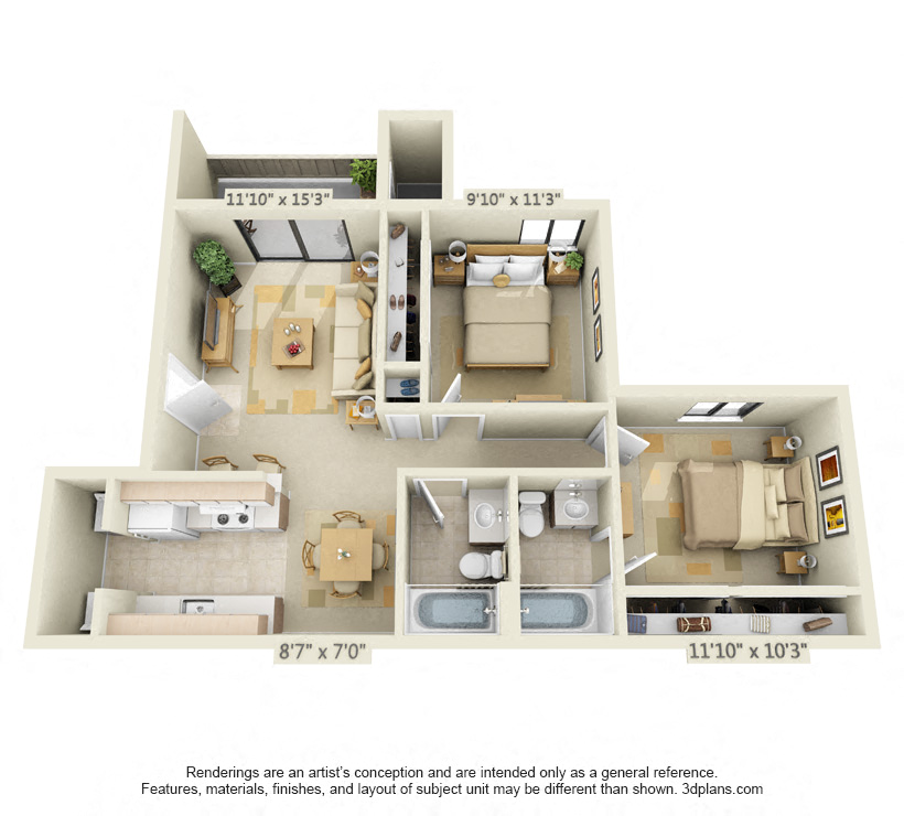 Floor plan for 2 beds, 2 baths, 880 sqft